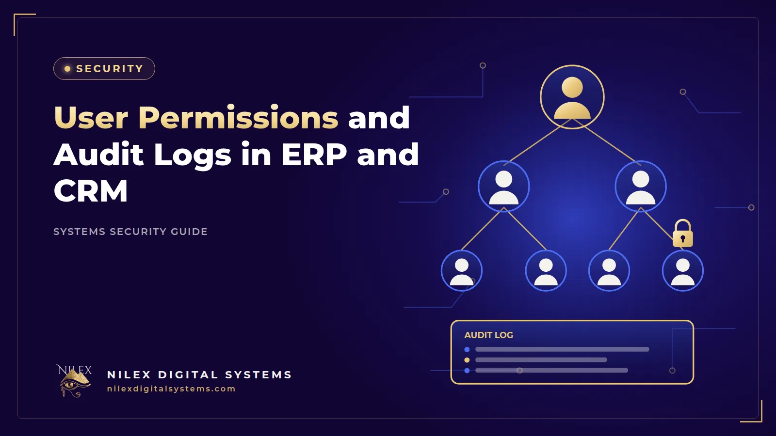 Illustration of an ERP dashboard with user roles, a permission matrix and an audit log timeline