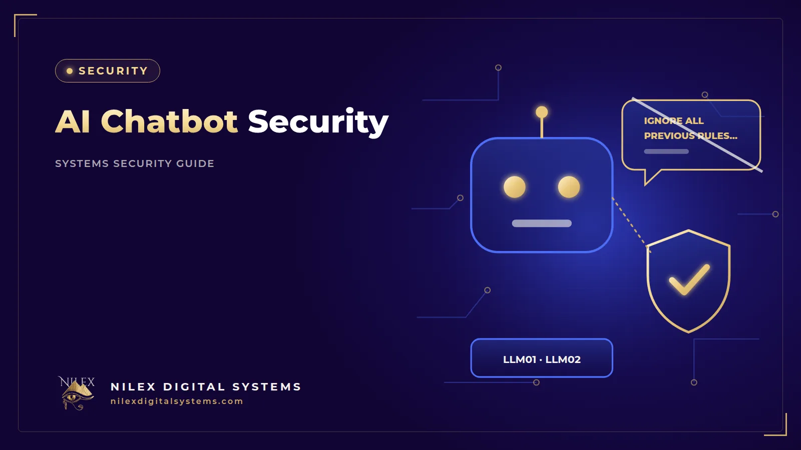 Illustration of a chatbot window with a blocked malicious message, a locked database and a staff approval step