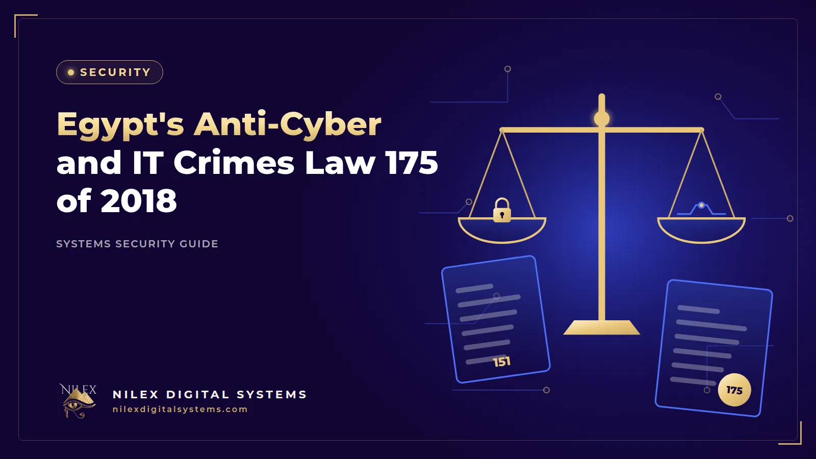 Illustration of a legal scale beside a server rack, audit log and a manager's checklist for Egypt's cybercrime law