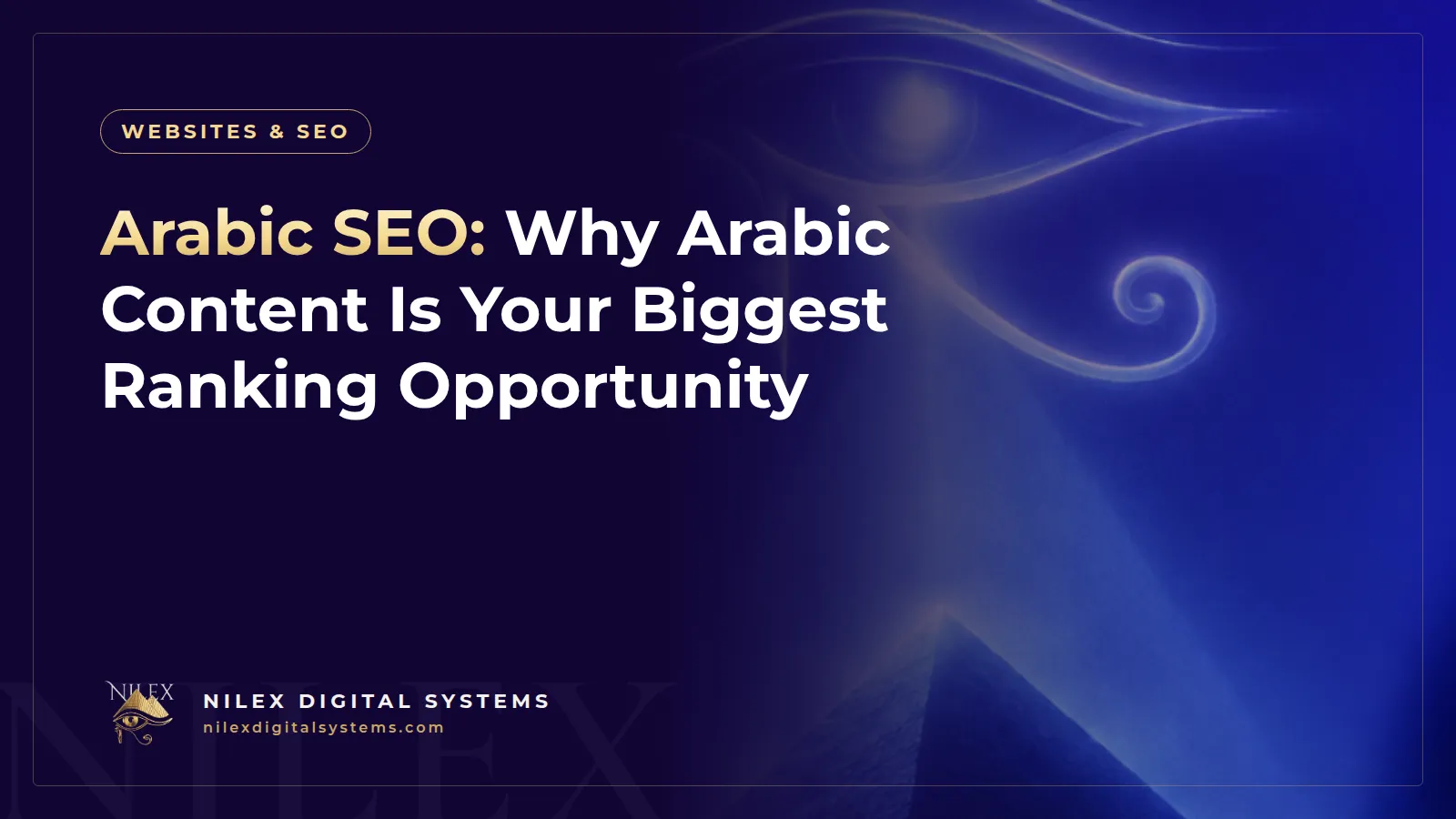 Illustration of Arabic search queries and Arabic web pages rising on a search results chart, with Latin terms like ERP and CRM mixed in