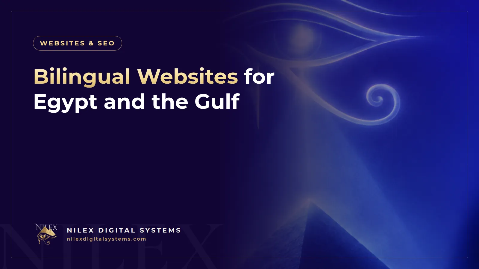 Illustration of two linked website pages, one in Arabic and one in English, with hreflang arrows between Egypt, Saudi Arabia and UAE flags on a map