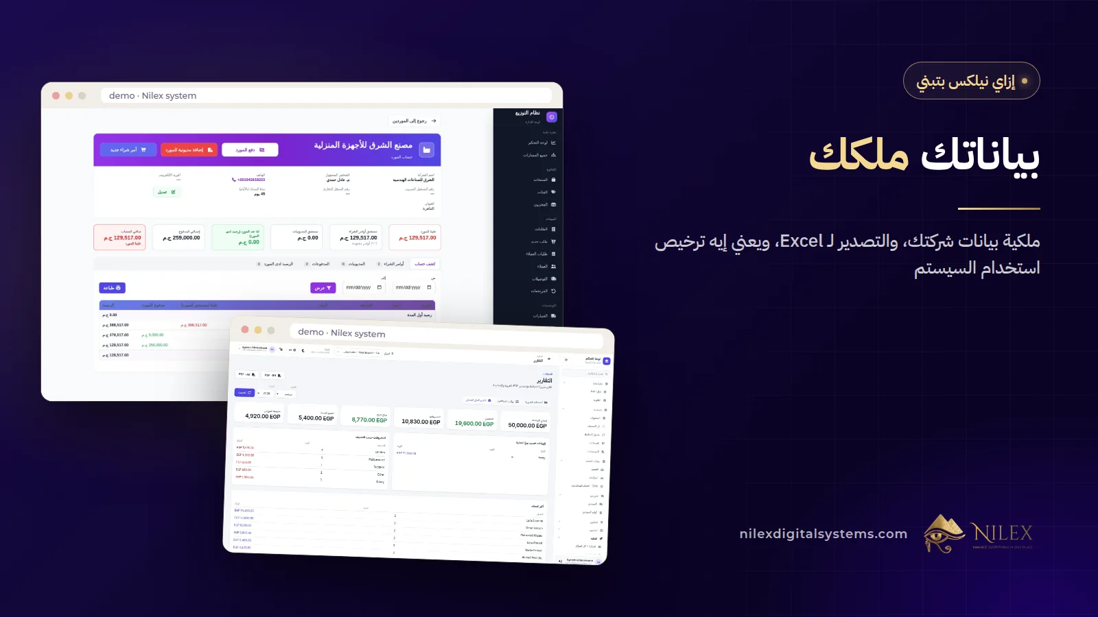 شاشة تقارير في سيستم من نيلكس فيها زرار التصدير لـ Excel وبتعرض بيانات المبيعات والتحصيل الخاصة بالعميل