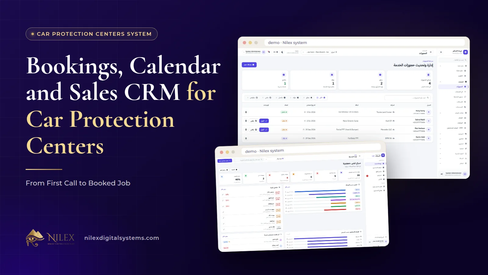 Sales pipeline and booking calendar screens from the Nilex car protection centers management system