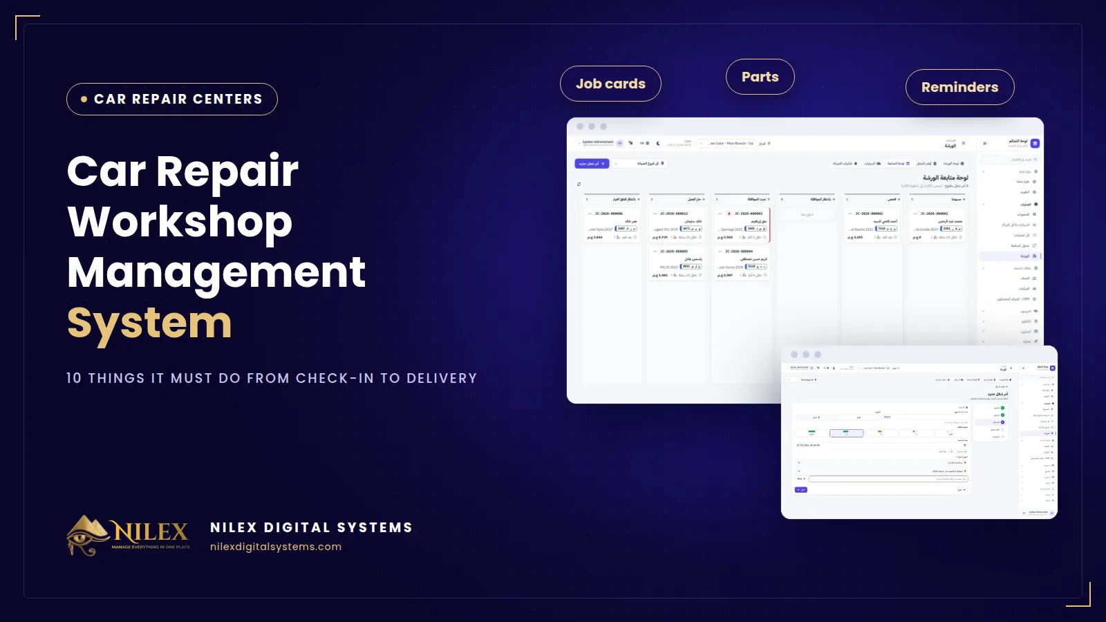 Car repair workshop management system dashboard with open job cards, cars inside the workshop and due reminders