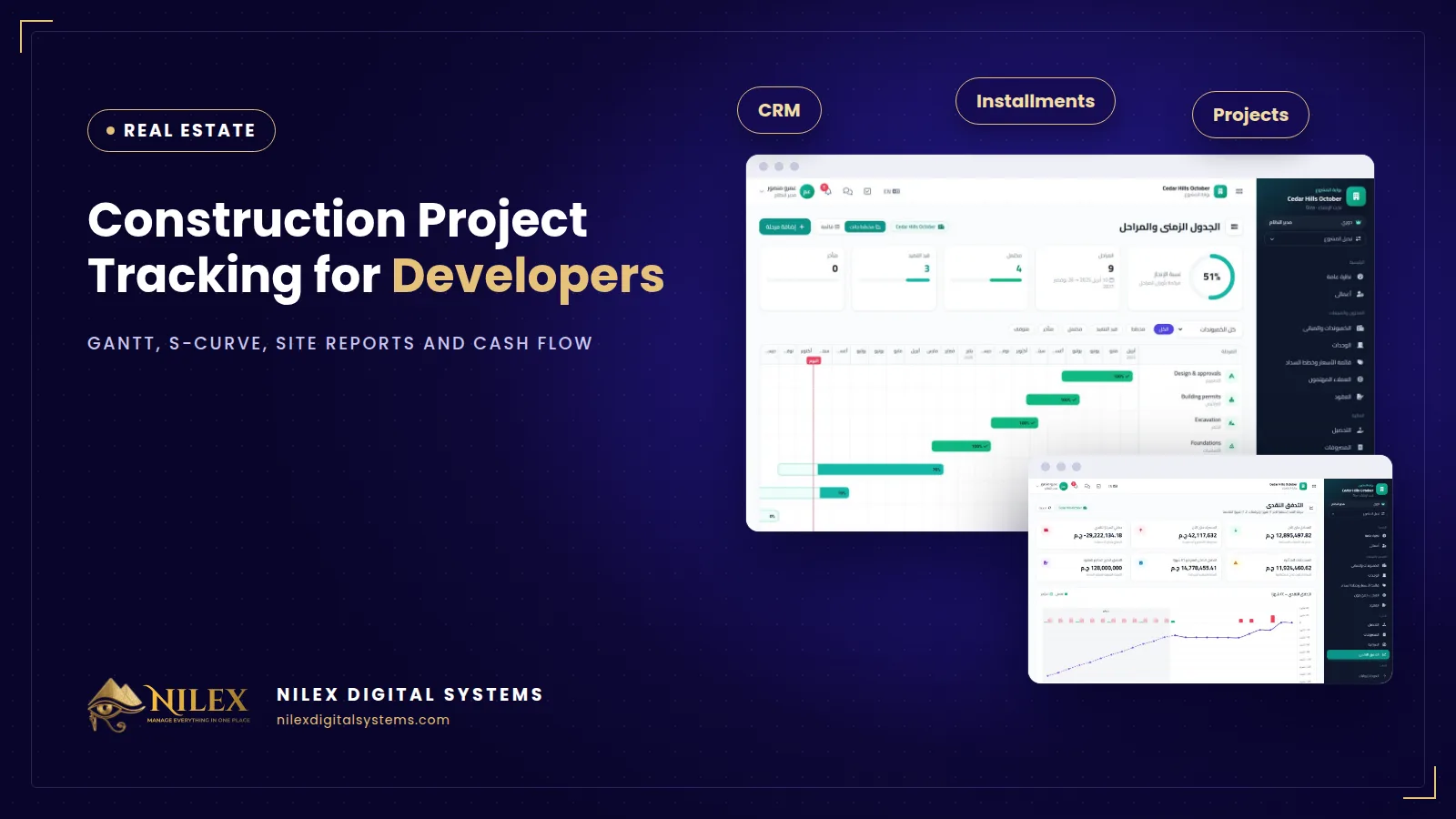 Project portal with Gantt timeline, S-curve of planned against actual progress and 24-month cash flow