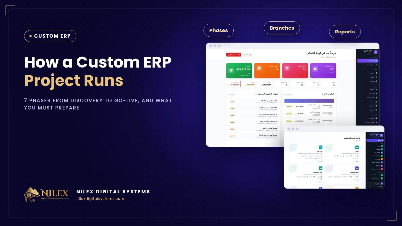 Timeline of a custom ERP project from discovery and process mapping to testing, training and go-live
