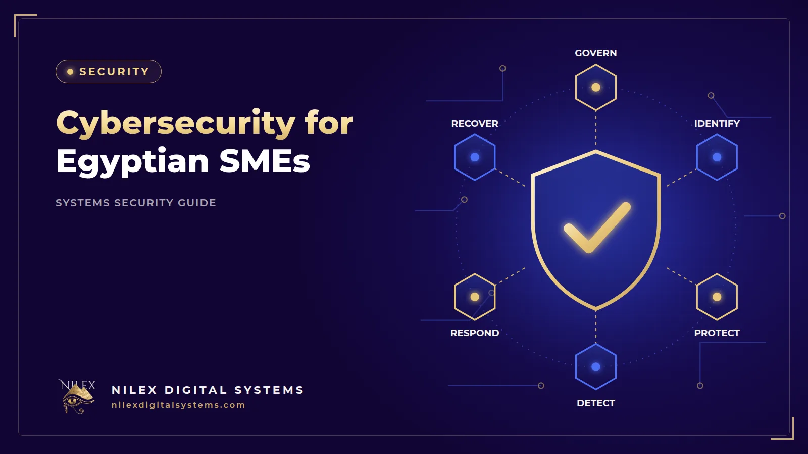 Illustration of a small Egyptian business office protected by a shield, with a 90-day calendar split into three security phases