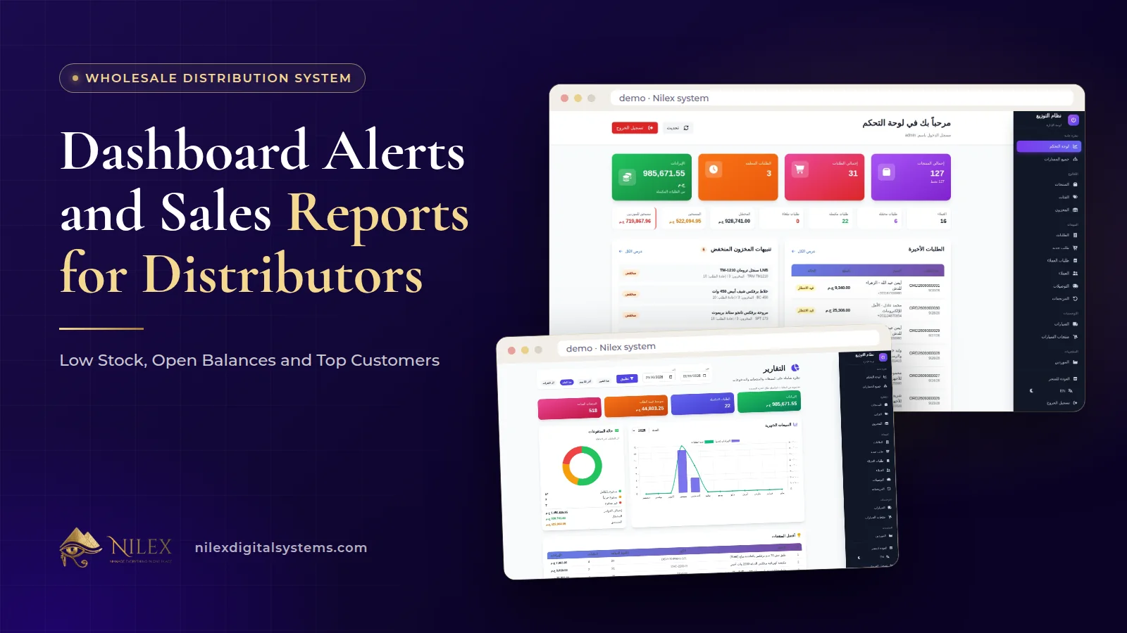Nilex wholesale system dashboard with revenue, pending orders, customer and supplier balances and low-stock alerts