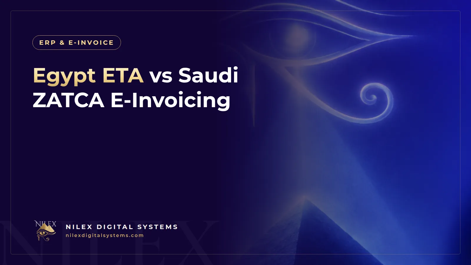 Split illustration comparing Egyptian and Saudi e-invoice flows feeding one shared ERP system