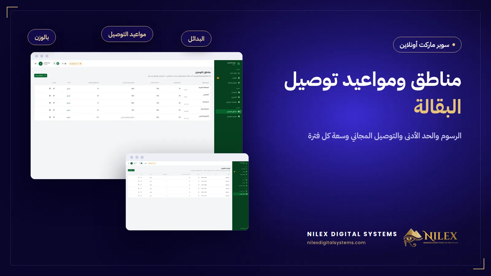 خريطة مناطق توصيل السوبر ماركت جنب شاشة إتمام الطلب بفترات التوصيل