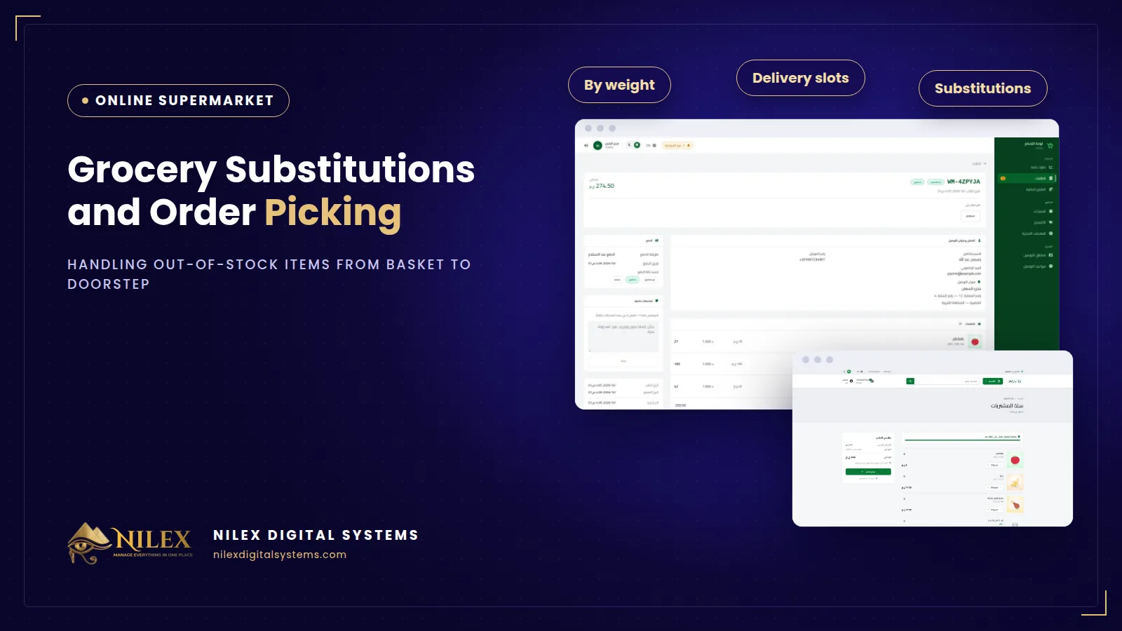 Supermarket picker with a basket checking an order screen showing picking and delivery stages