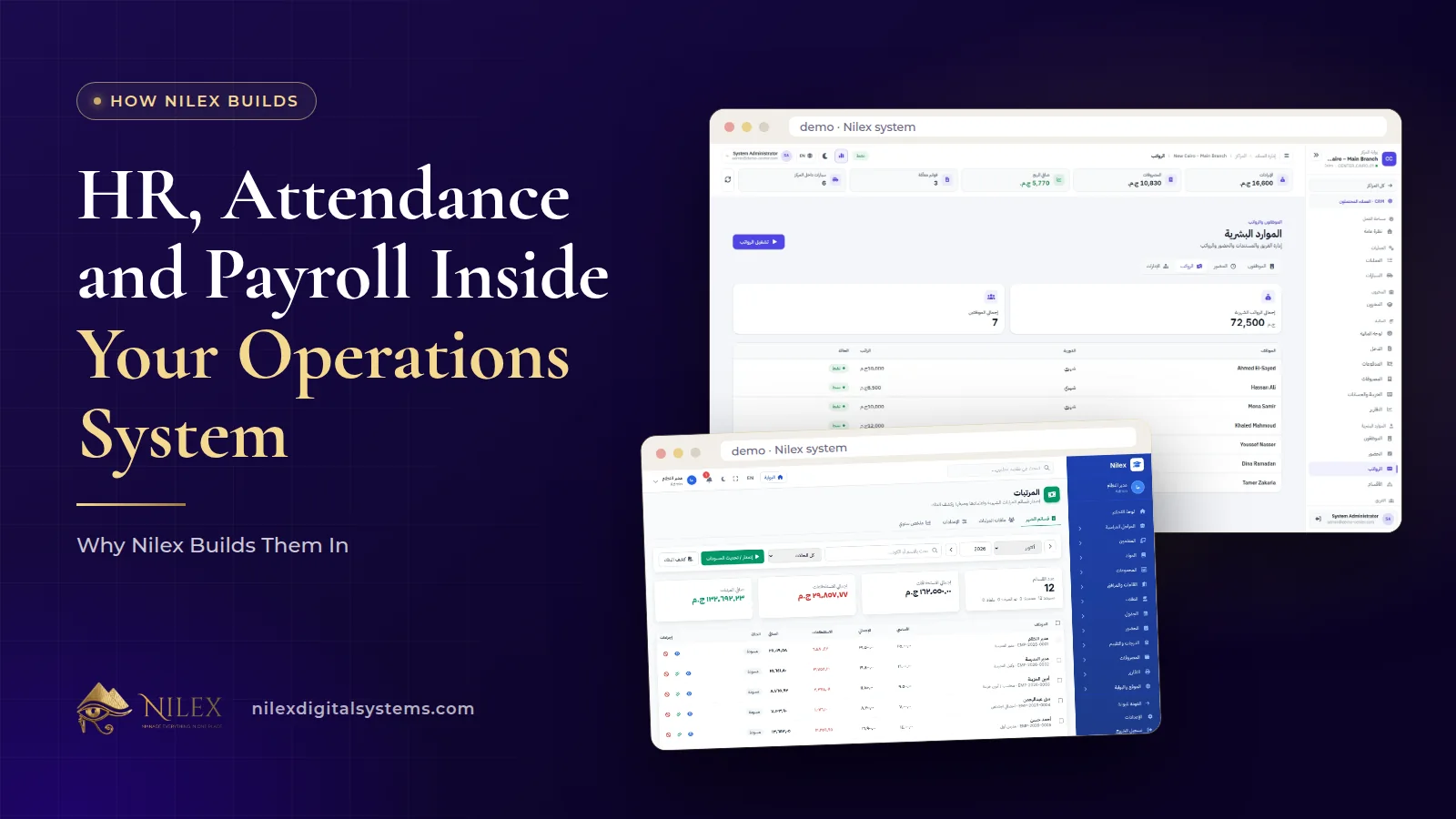 The HR and payroll screen of a Nilex system showing employees by department, attendance, advances, deductions and the monthly payroll