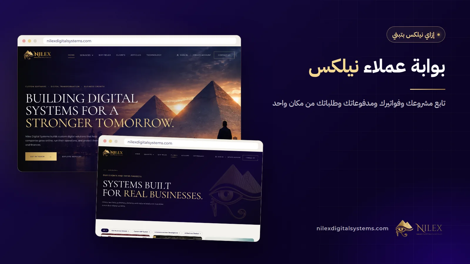 بوابة عملاء نيلكس وفيها مشروع العميل وفواتيره بإيصالات الدفع وطلبات الدعم المفتوحة