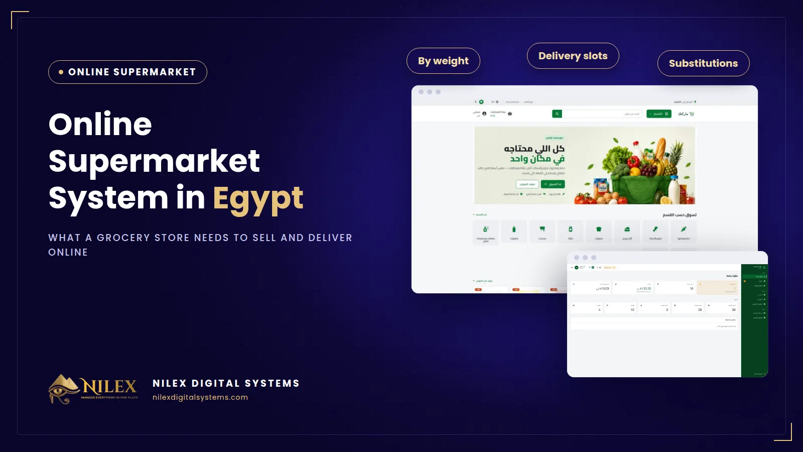 Online supermarket storefront on a phone with departments, a basket and delivery time slots
