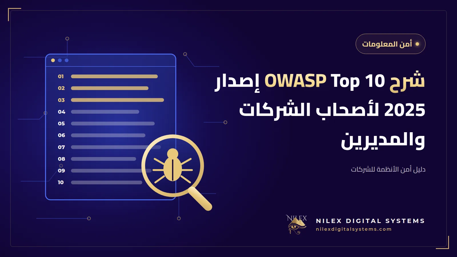 رسم لعشرة دروع أمان مرقمة حول تطبيق ويب، يحمل كل منها اسم خطر من قائمة OWASP Top 10