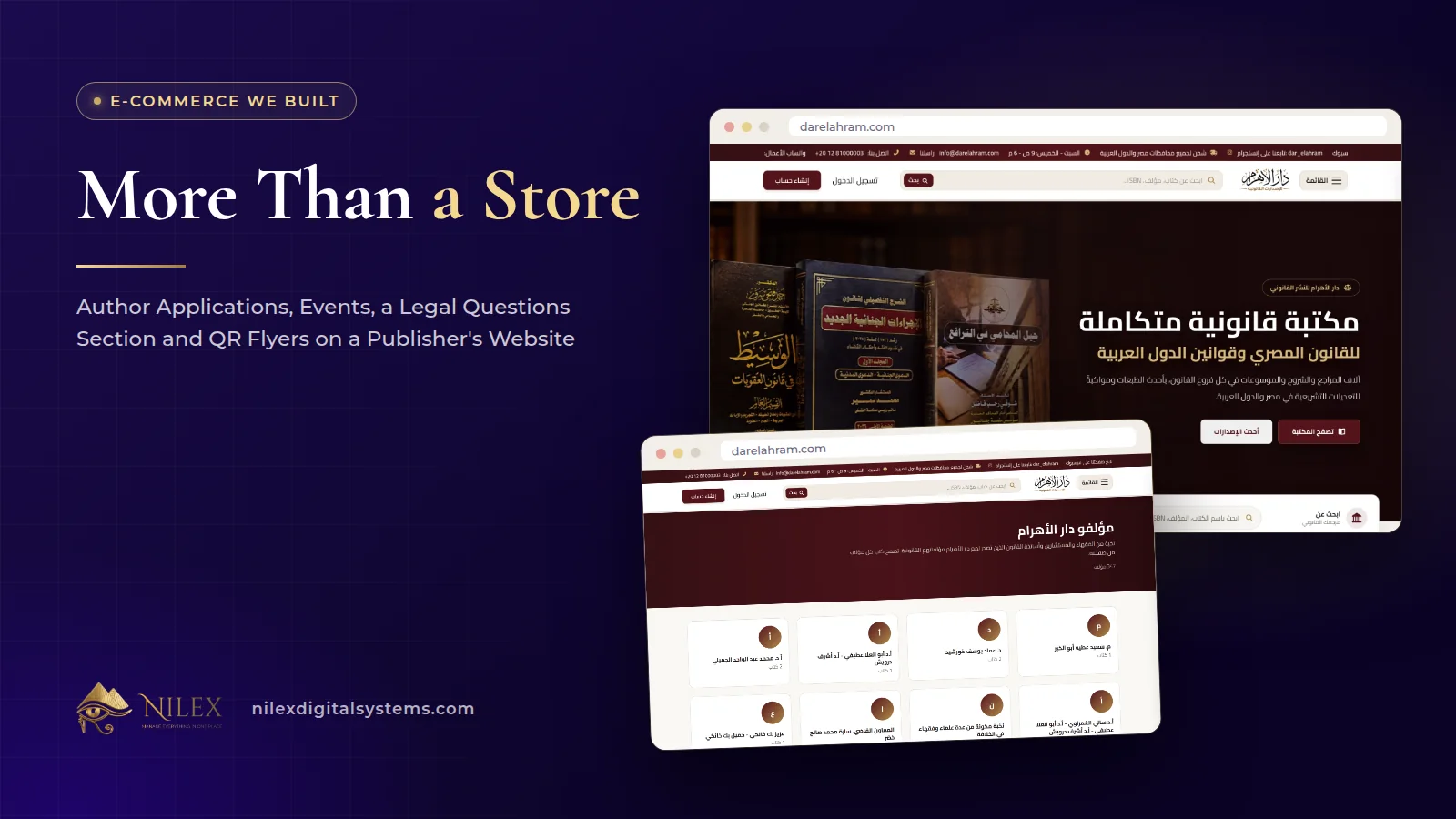 Dar El Ahram author application form, coming events page and QR flyer tool shown together
