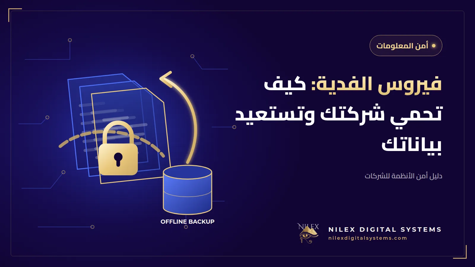رسم لسيرفر شركة مشفّر عليه قفل بجانب هارد خارجي غير متصل يسترجع الملفات إلى نظام نظيف