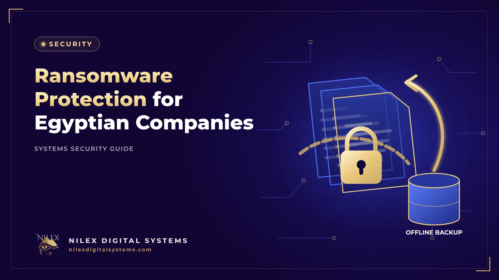 Illustration of an encrypted company server with a padlock, next to an offline backup drive restoring files to a clean system