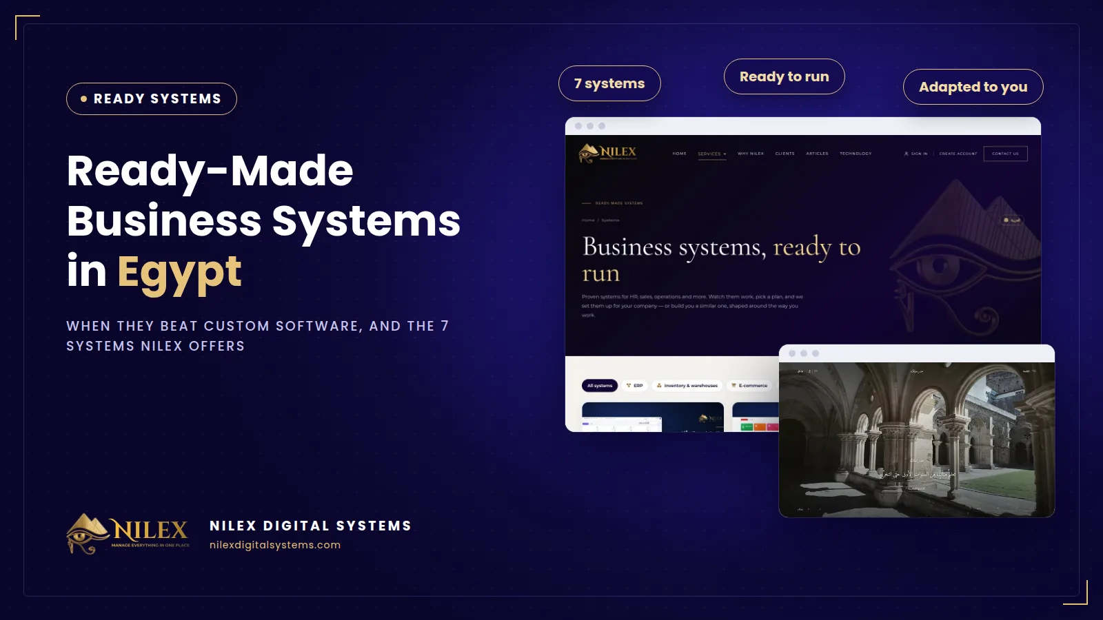 Seven ready-made management systems for different Egyptian business sectors shown side by side