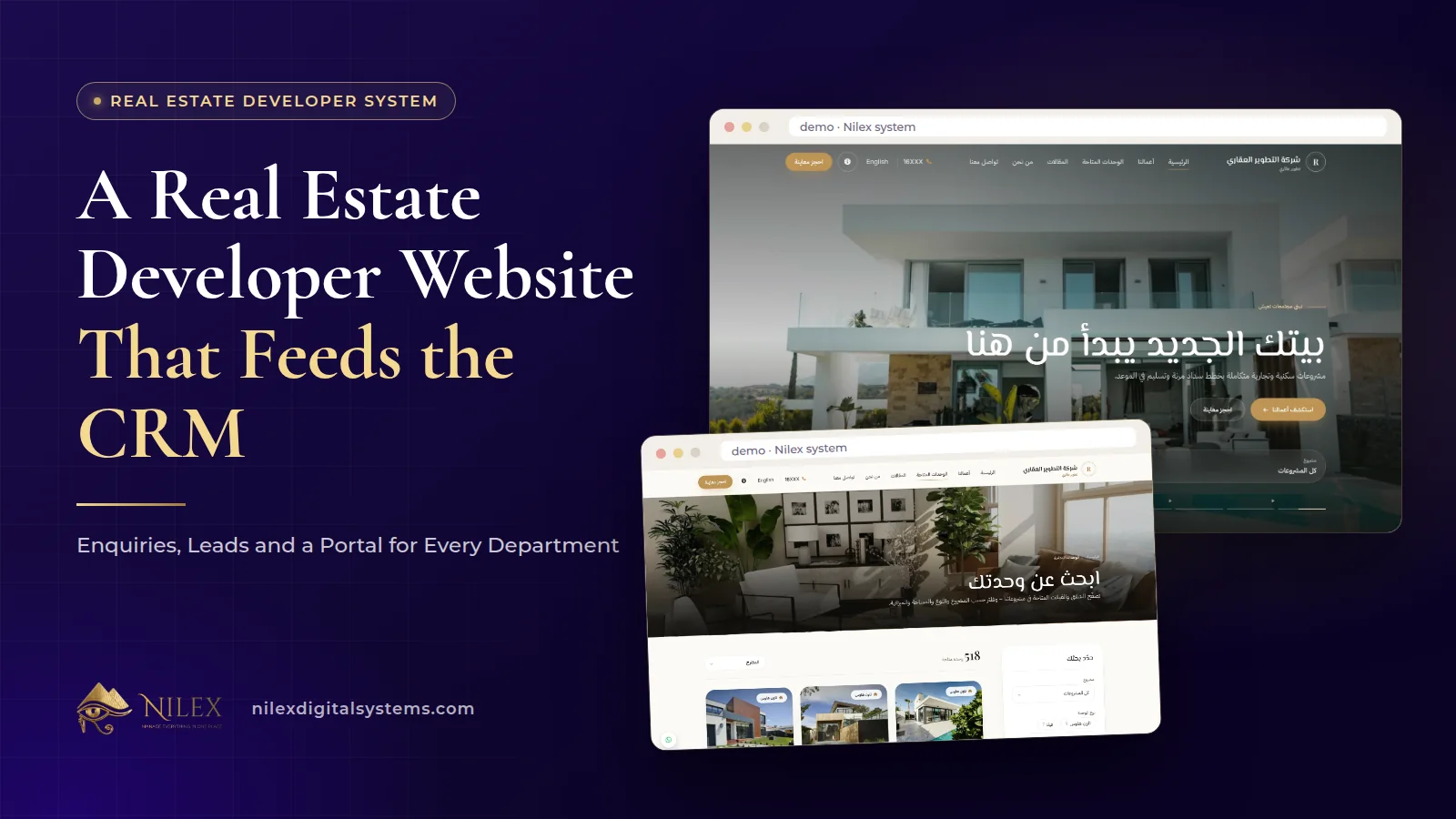 Nilex real estate developer system: company website with available units next to the CRM lead created from a website enquiry