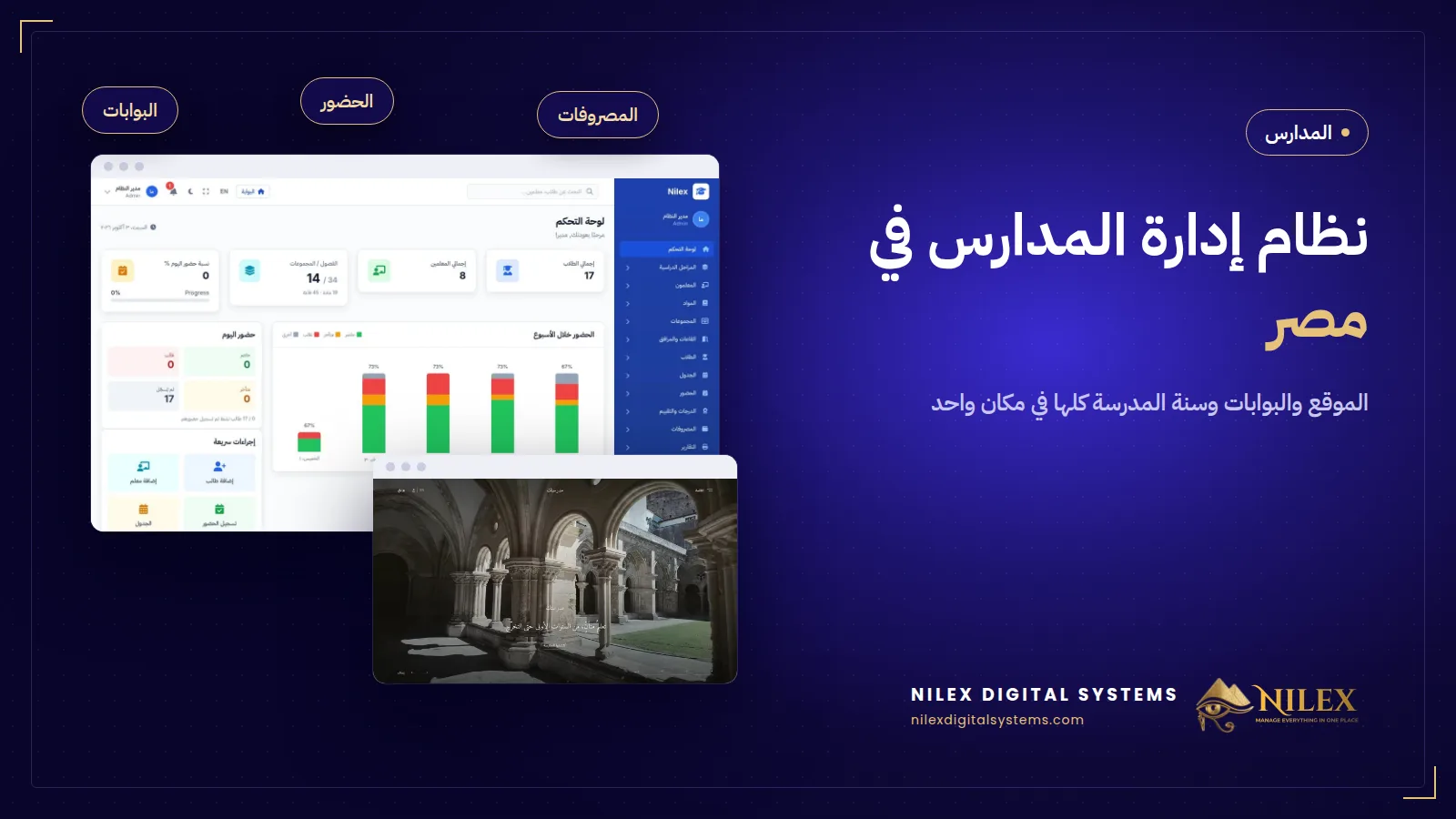لوحة نظام إدارة المدارس بالطلاب والجدول والحضور والمصروفات