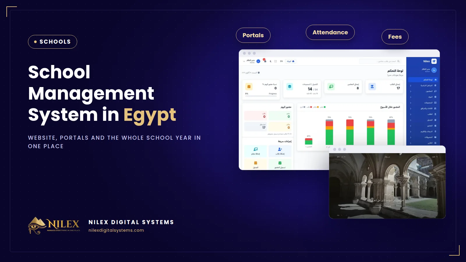 School management system dashboard with students, timetable, attendance and fees