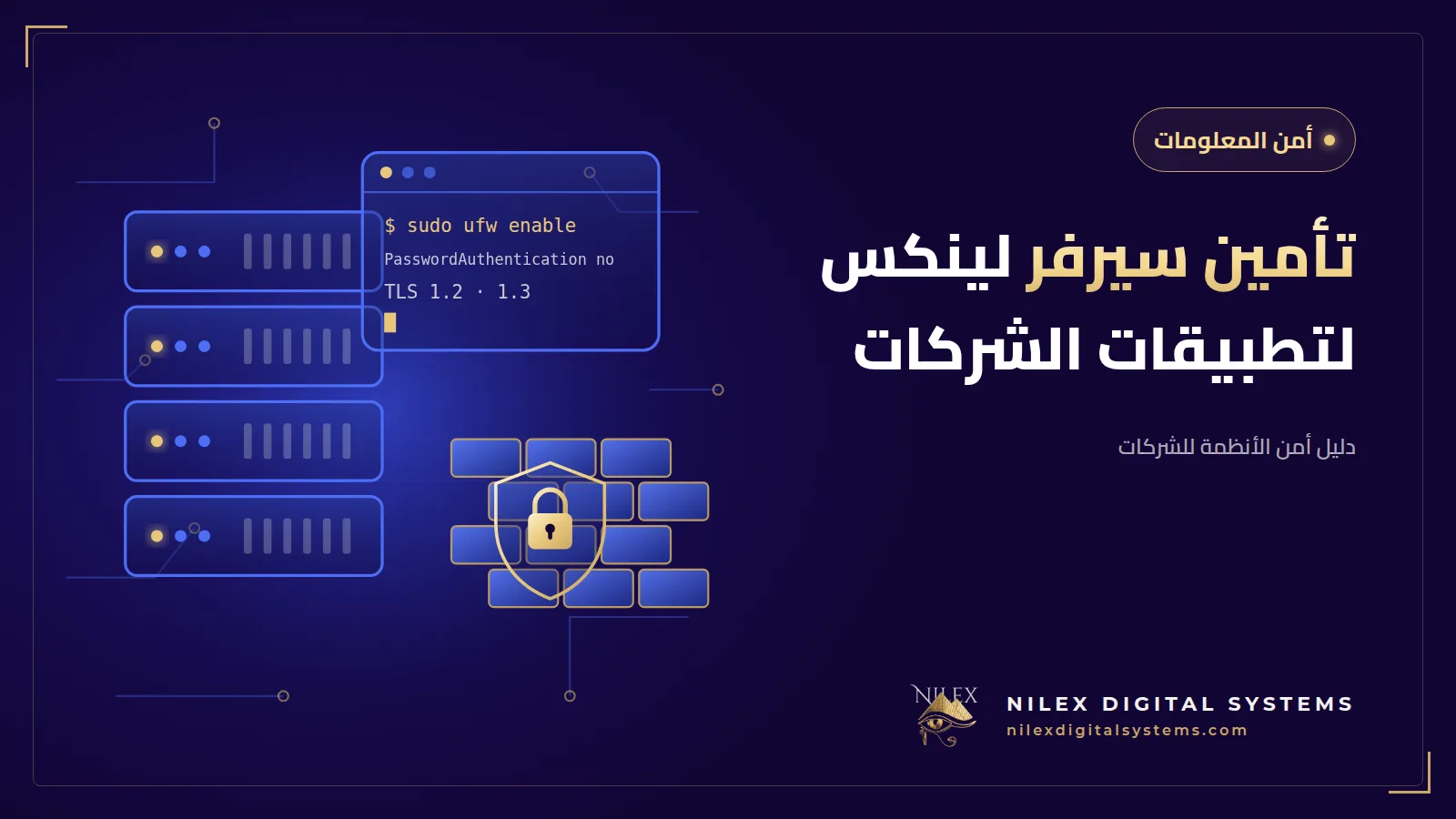 رسم لسيرفر أوبونتو يحميه جدار ناري ومفتاح SSH وقفل TLS أمام Nginx