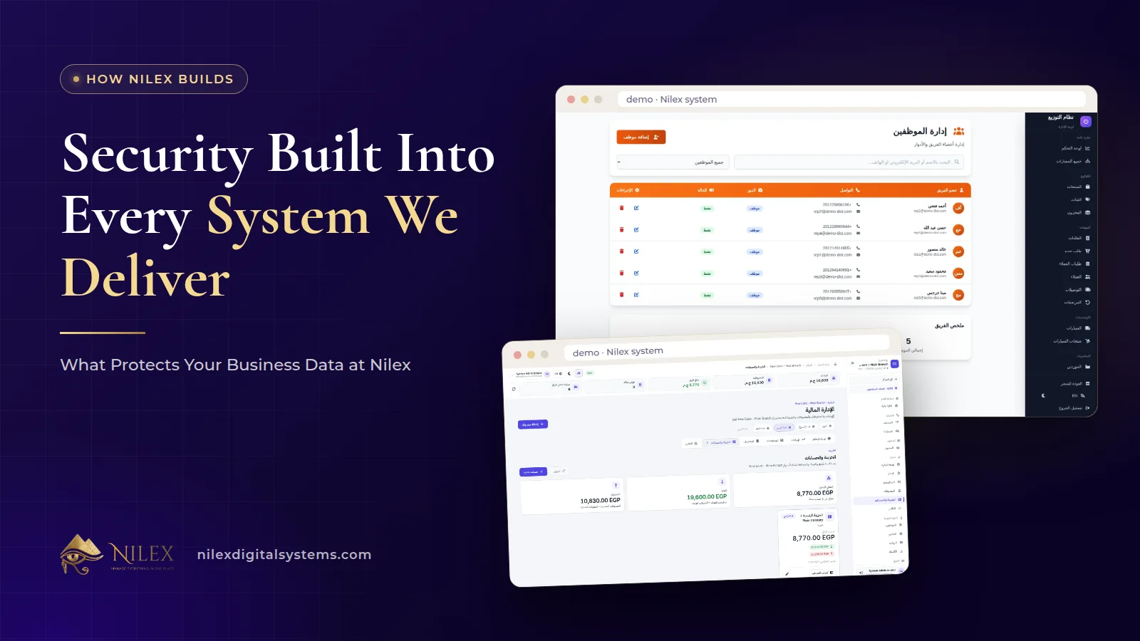 A Nilex system's users and permissions screen next to its audit log listing logins, changes and deletions with user and time