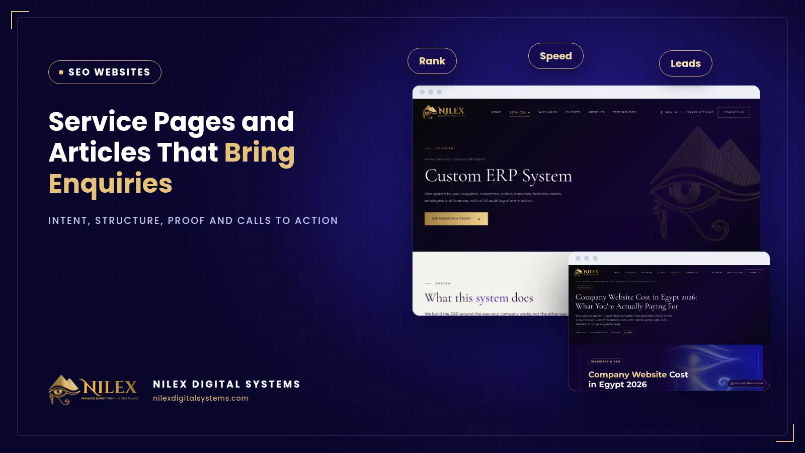 Service page layout with headline, process, proof, FAQ and call-to-action button