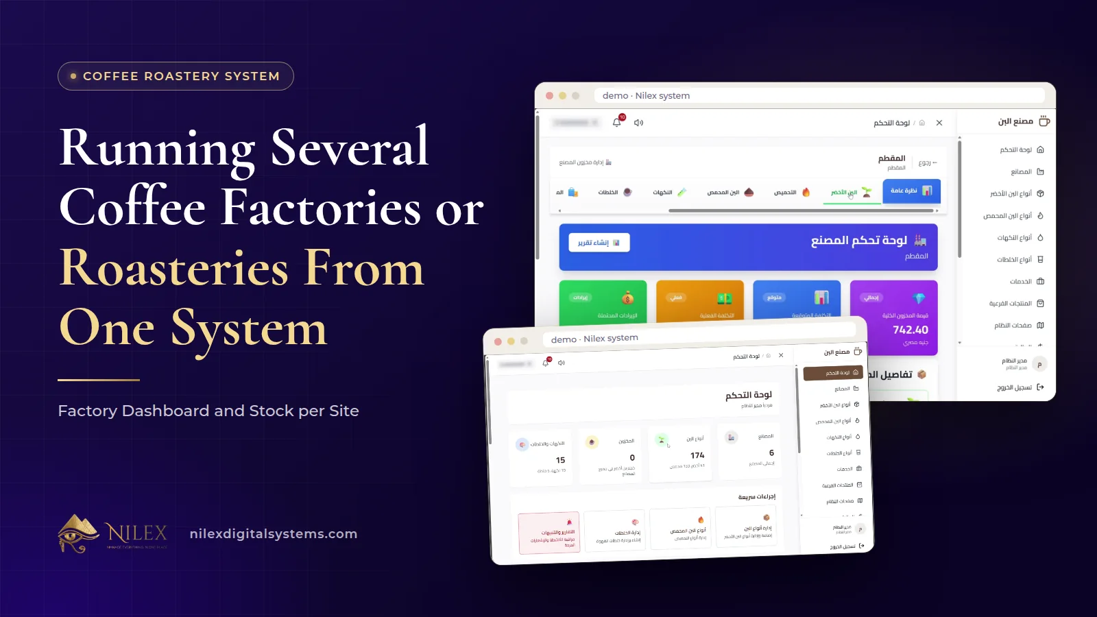 Factory dashboard with green, roasted, flavours, blends and orders tabs for one site in the Nilex coffee factory system