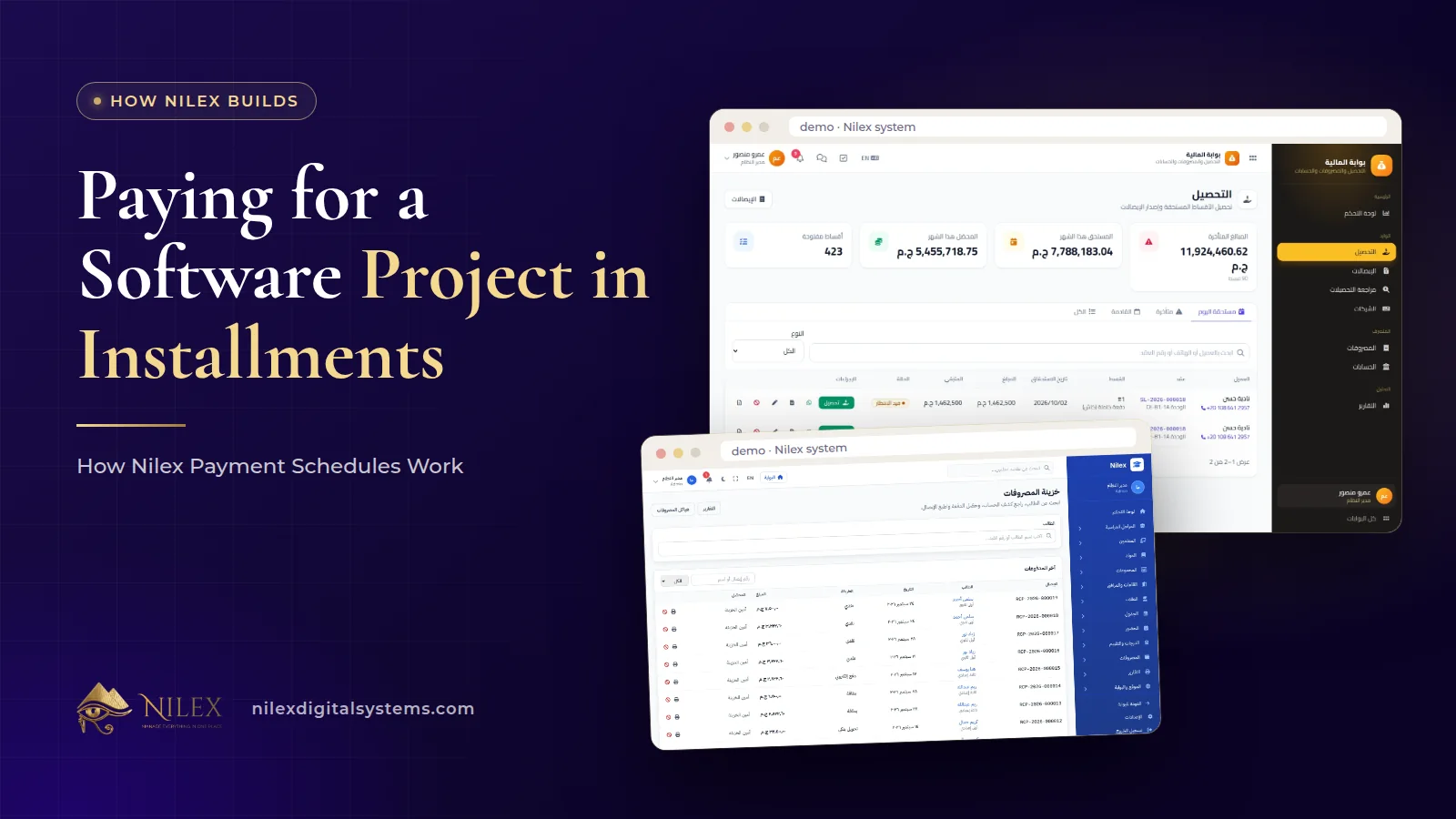 The invoices and payments page of the Nilex client portal showing a project's installments, paid amounts and downloadable receipts