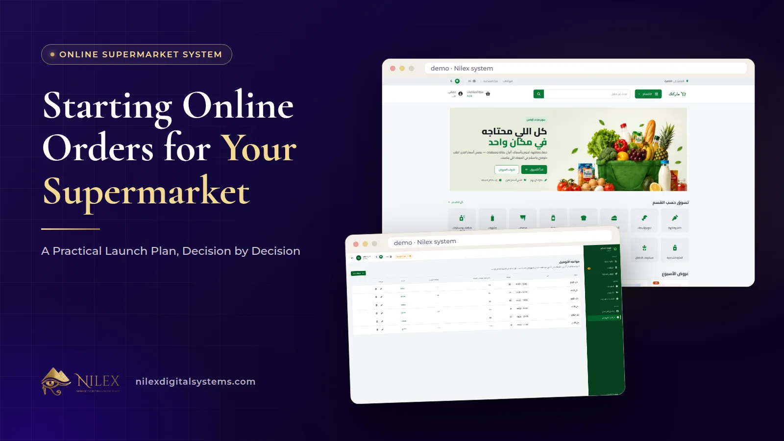 Nilex online supermarket admin screens: product form, delivery areas and slots, and an order moving from picking to delivery