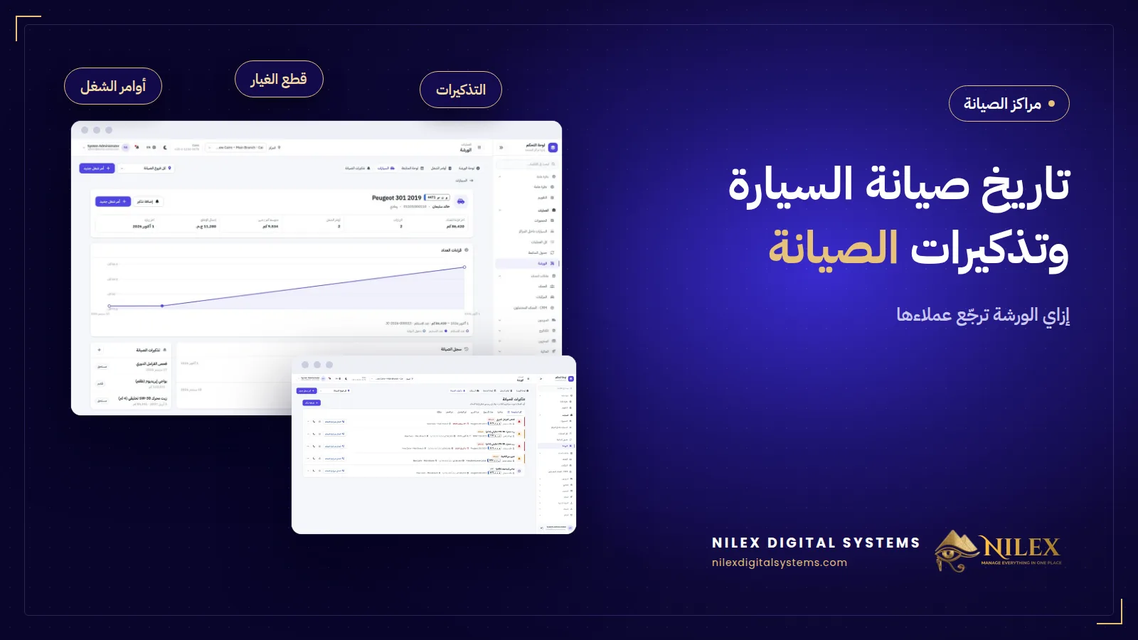 شاشة تاريخ السيارة بالزيارات وقراءات العداد جنب قائمة تذكيرات الصيانة المستحقة والمتأخرة