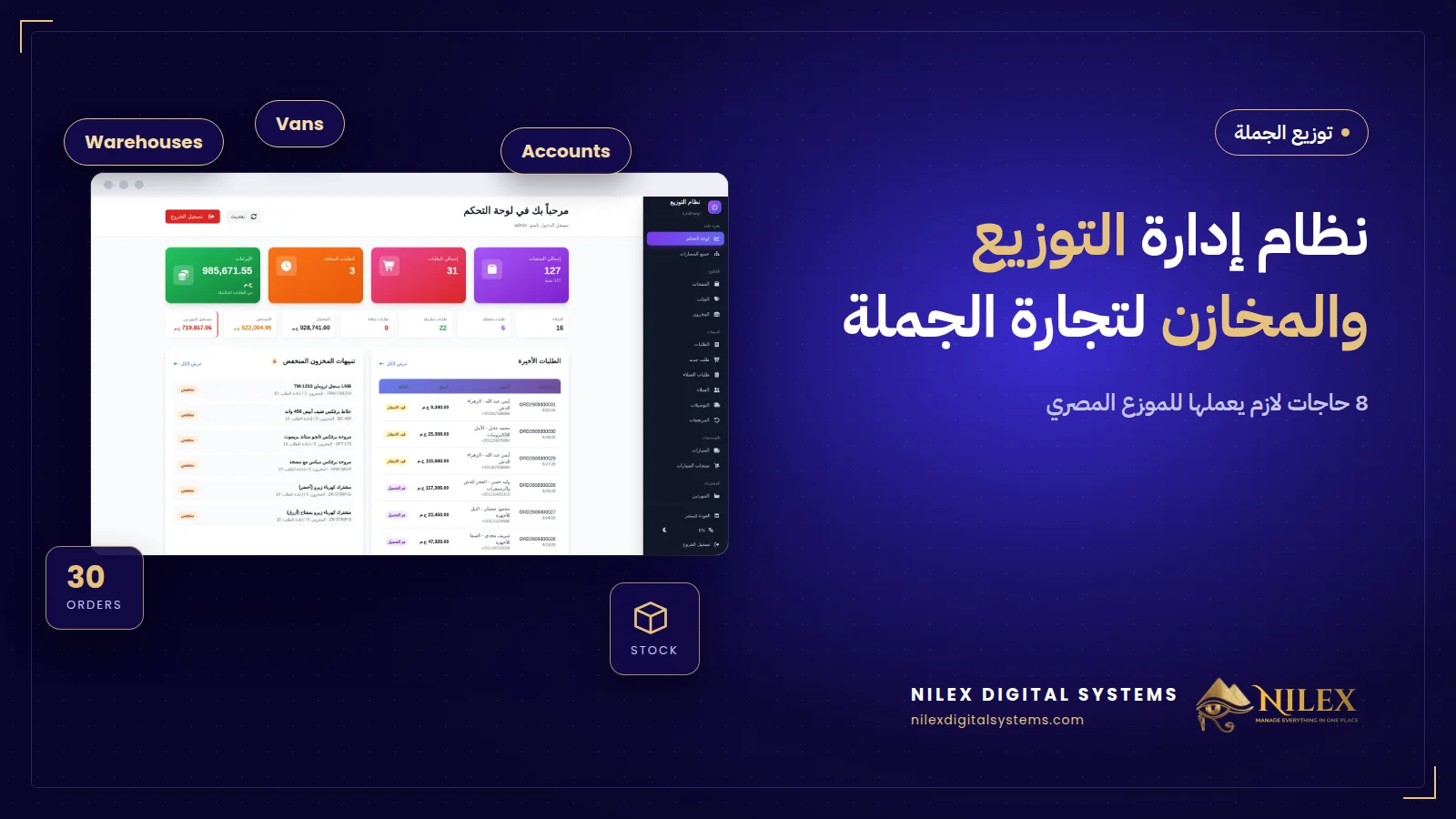 لوحة نظام إدارة التوزيع والمخازن بالطلبات والمخازن وعربيات التوزيع