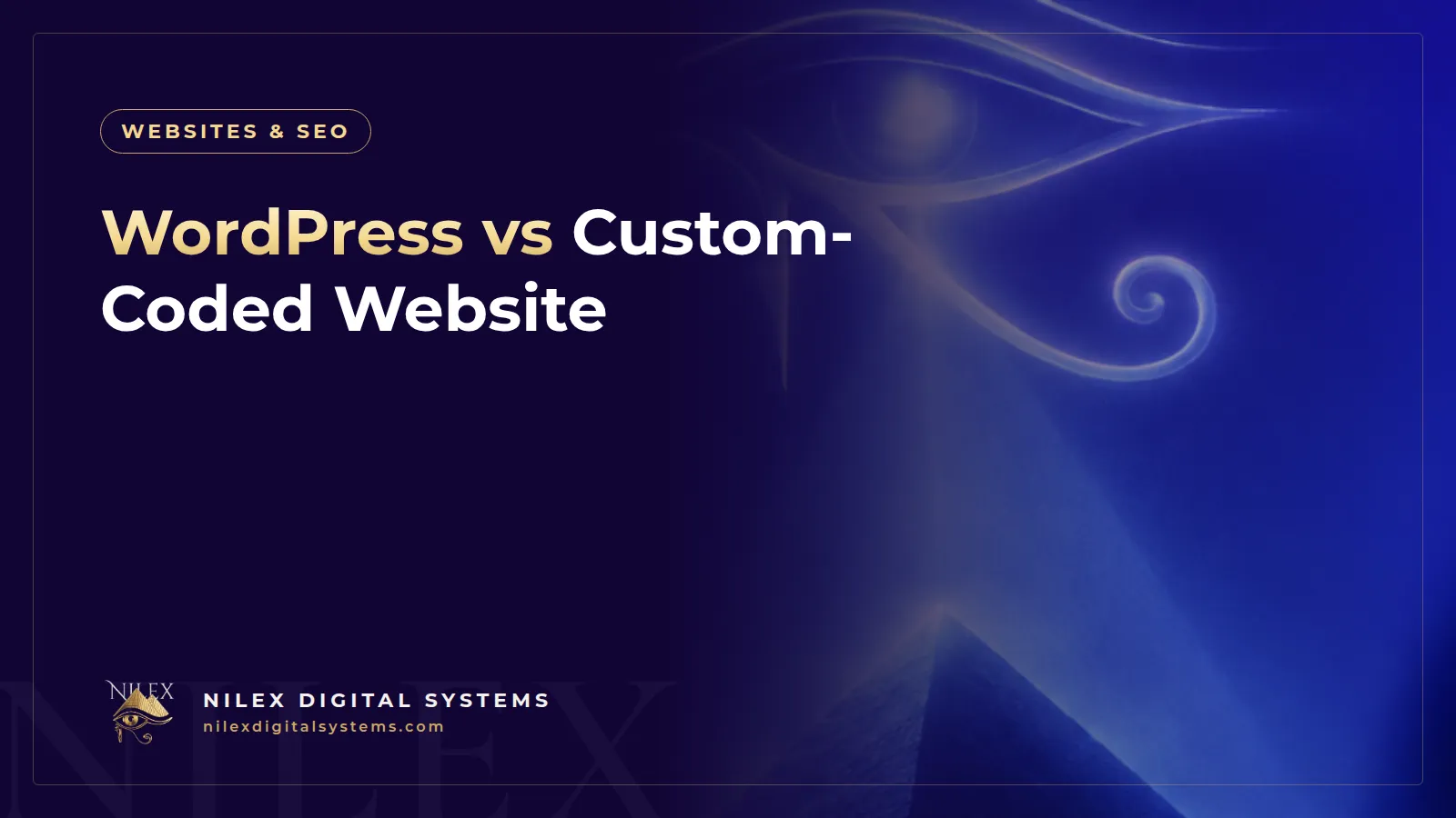 Split illustration comparing a WordPress site built from plugin blocks with a custom-coded website on a developer screen