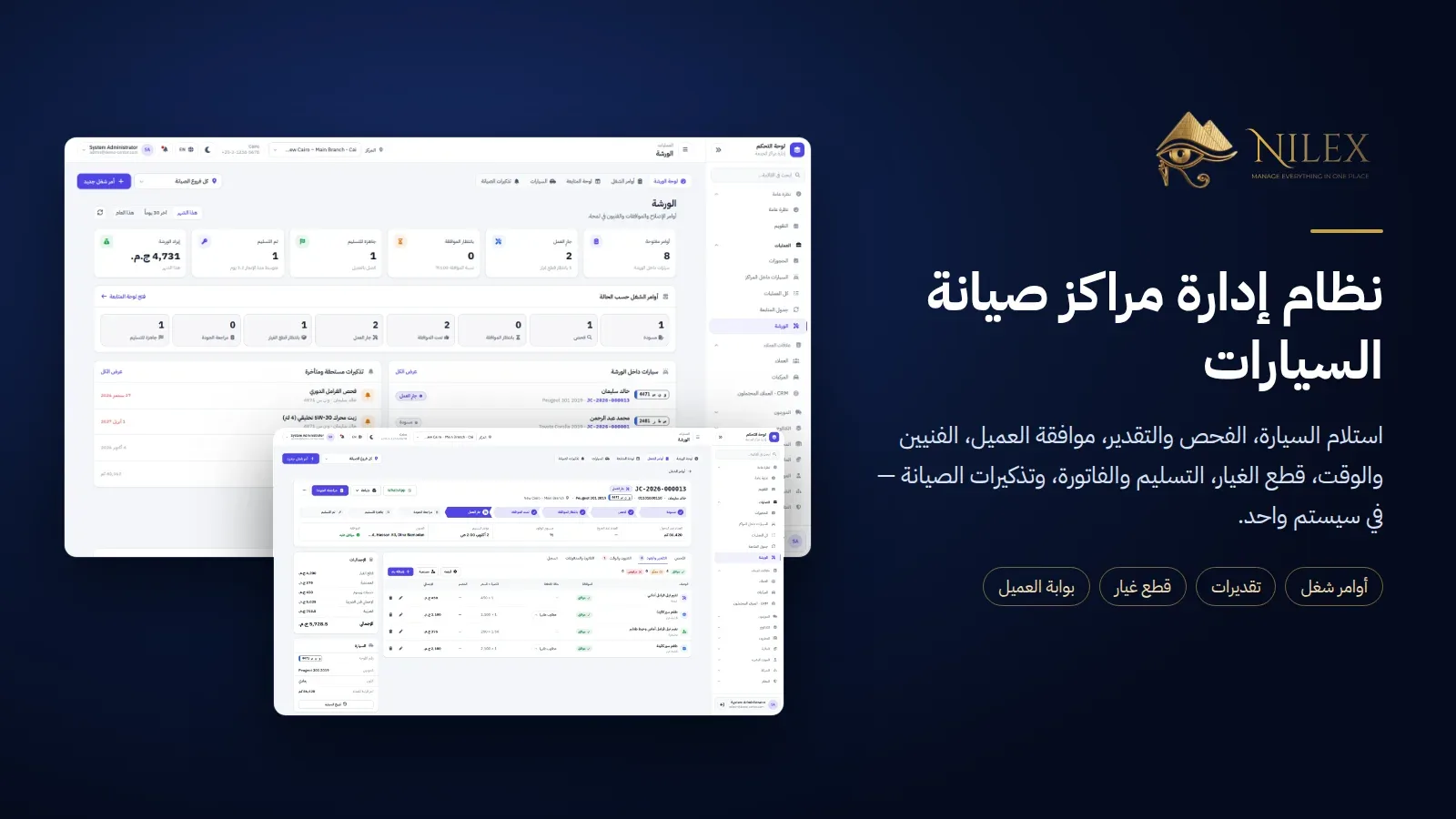 Dashboard of the car repair center management system